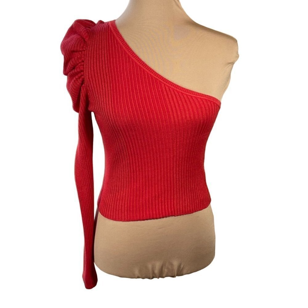 Follow The Sun Ribbed Puff Sleeve One Shoulder Red Size S Small